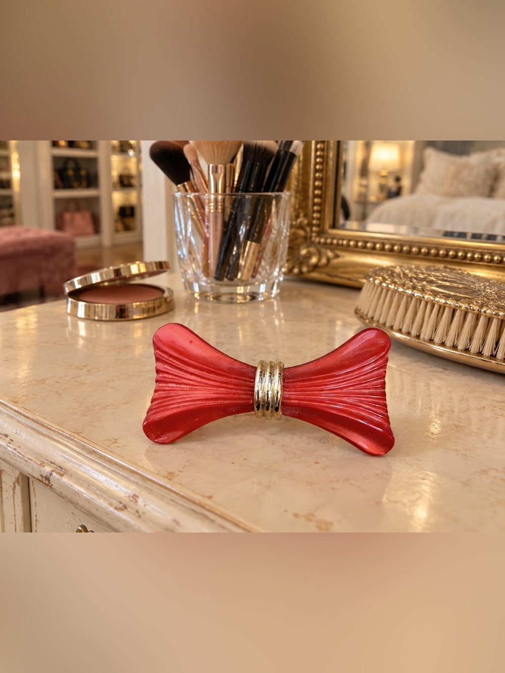 Vintage French Red Bow Hair Barrette Gold Hardware Made in France